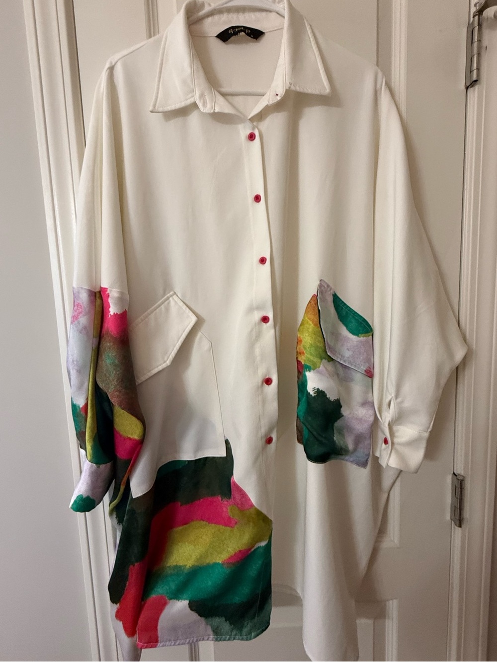 White Oversized Shirt Dress with Colorful Abstract Prints, Pockets, Size Medium